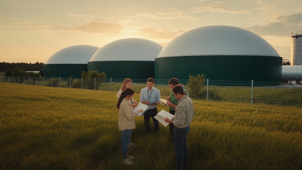 Il team BioManage in campo davanti a un impianto biogas