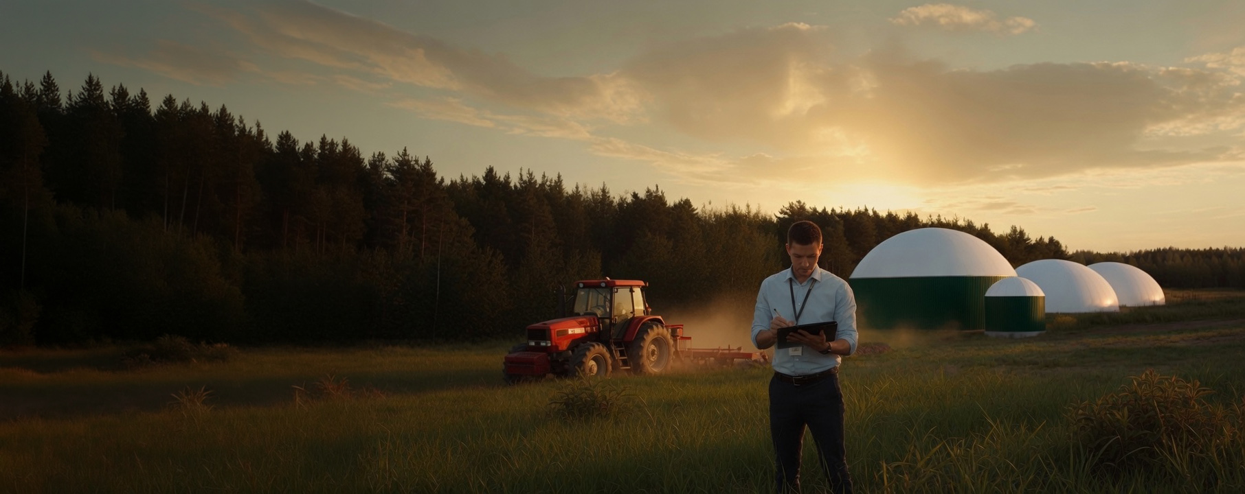 Tecnico in campo con tablet davanti ai digestori dell’impianto
