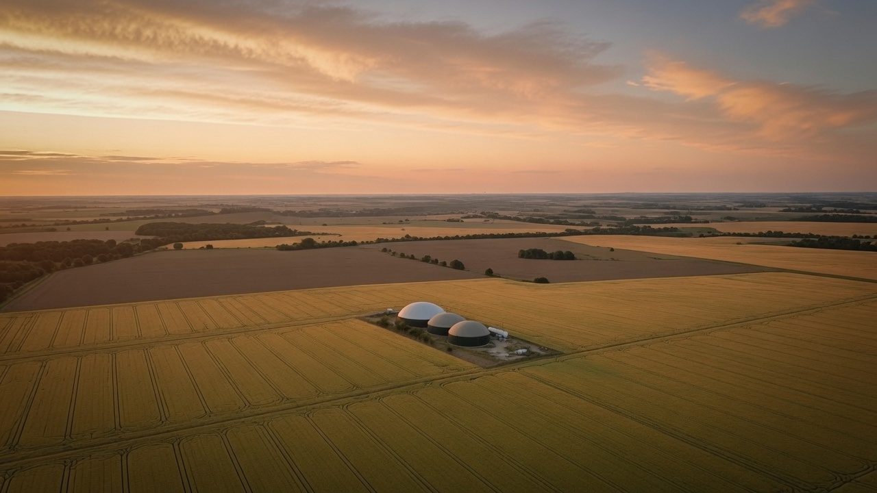 Impianto biogas circondato dai campi che lo alimentano