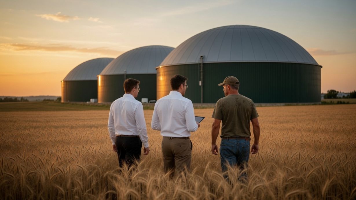 Tre professionisti attraversano un campo di grano diretti all’impianto
