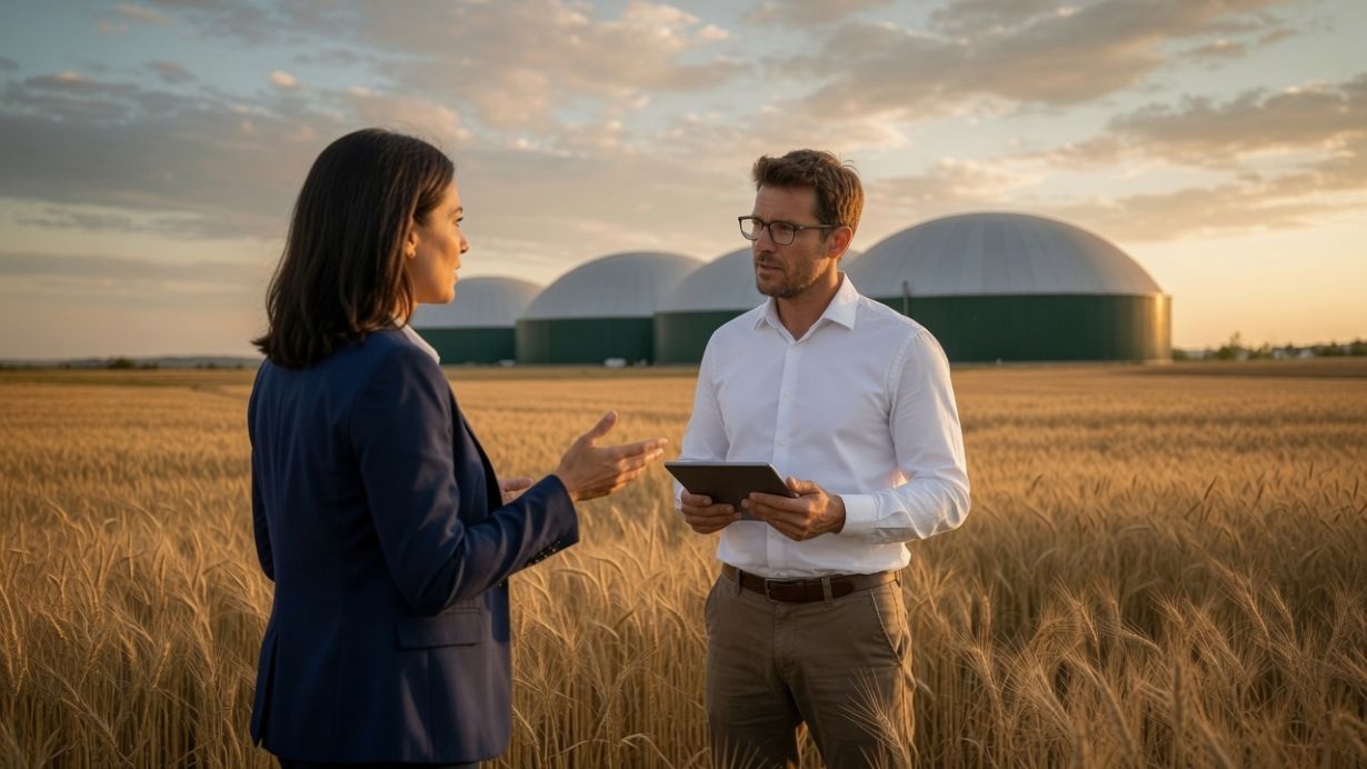 Due professionisti BioManage a confronto davanti a un impianto biogas